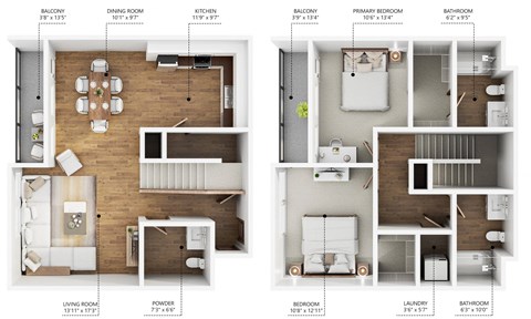 Floor plan for 2 beds, 2.5 baths, 1271 sqft